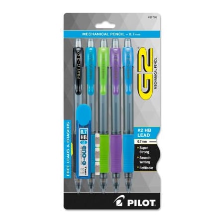 Pilot Pilot G2 Mechanical Pencil, 0.7 mm, HB #2.5, Black Lead, Assorted Barrel Colors, 5/Pack 31776